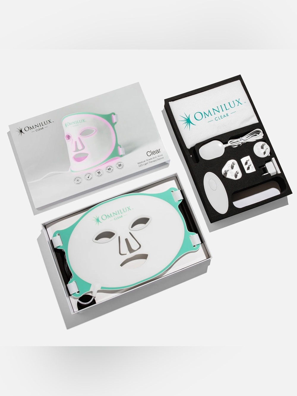 Omnilux Clear Mask in box with accessories